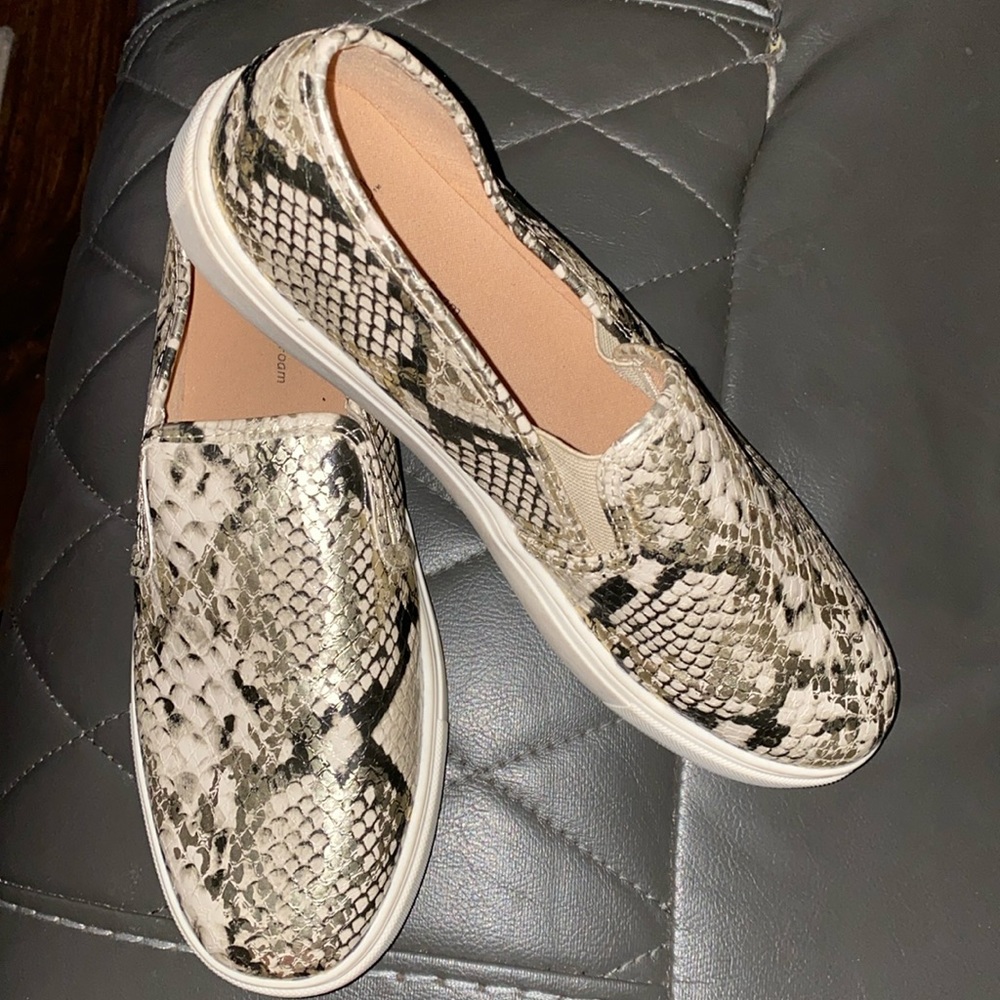 Time and True, faux leather snakeskin slip on shoes EUC